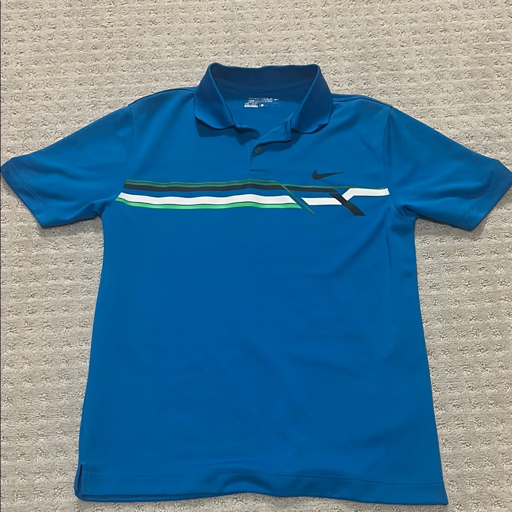 Nike Blue Polo Shirt with Green and White Stripes